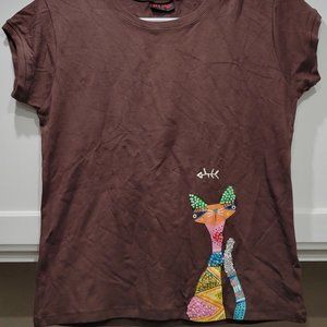 Get Laud! T Shirt Top Brown Cat Painted Sequins Beads Funky Art Deco UNIQUE